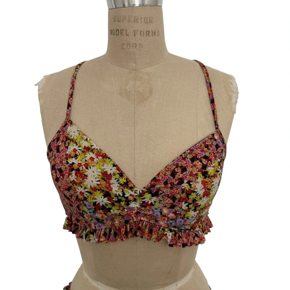 Luli Fama Floral Ruffle Bikini Set Garden Nights S Lace Up Back Ruched Bottoms